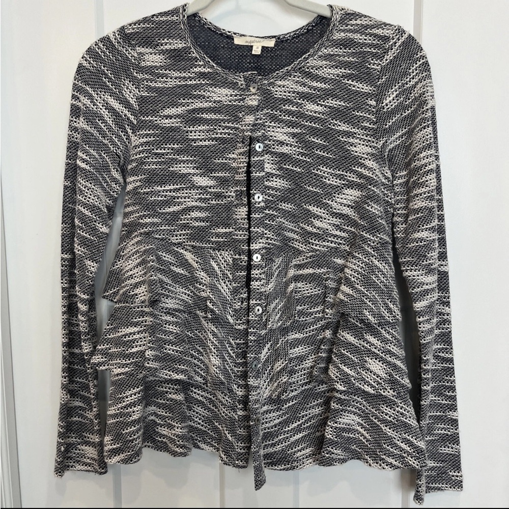 Mystree Cardigan Women’s Size Small Tiered Ruffle Button Down Black And White